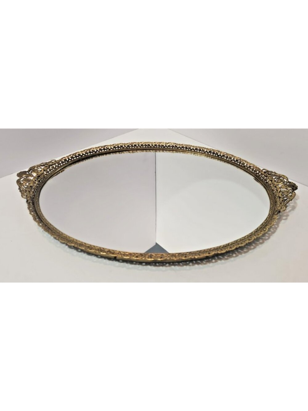Vintage Mirrored Vanity Tray Gold Filigree Oval Hollywood Regency Dresser Decor